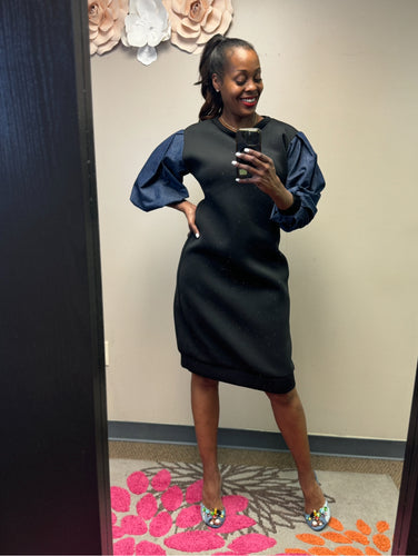 Sweatshirt Dress w/ Denim Sleeves