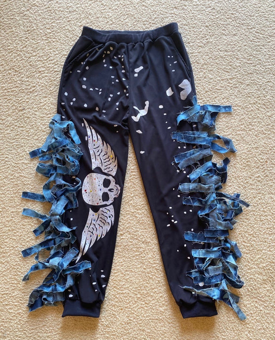 Denim Fringed Rhinestone Joggers