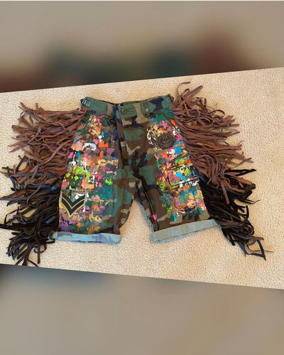 Painted Fringed Camo Shorts