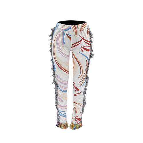 White Abstract Fringe Pants