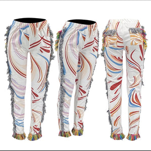 White Abstract Fringe Pants